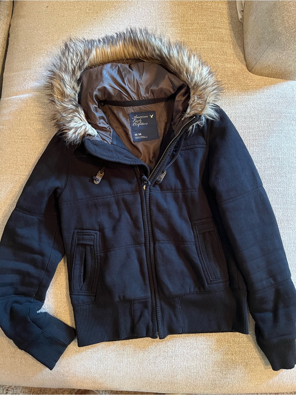 American Eagle Outfitters Black Hooded Jacket with Faux Fur Trim